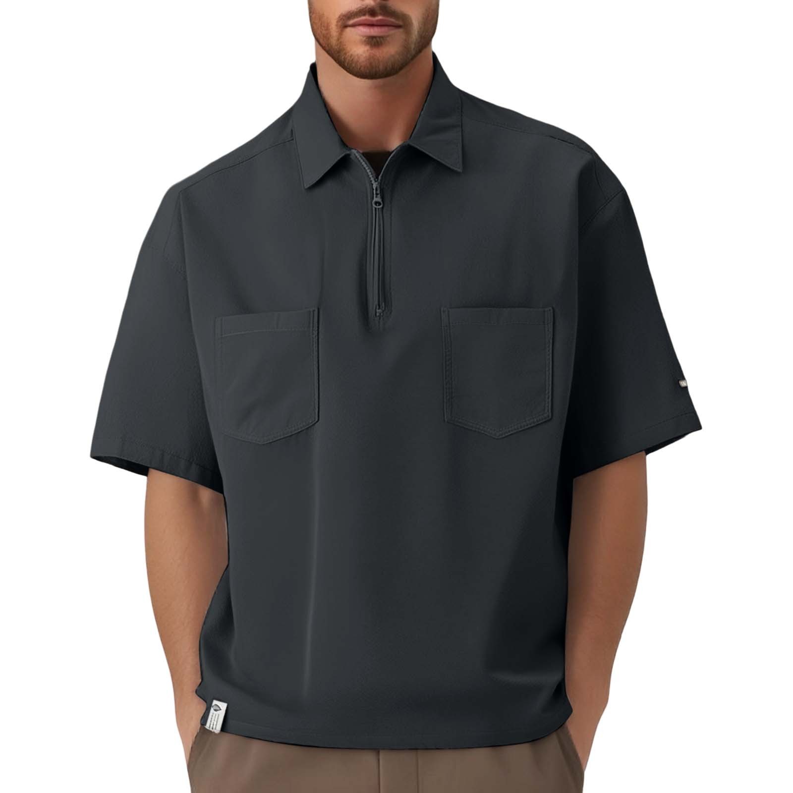 thumbnail image 5 of Camisa sólida de manga 5/4 para hombre a la moda: corte holgado informal, cuello redondo con botón, versátil para entrenamientos de verano o estilo urbano., 5 of 5
